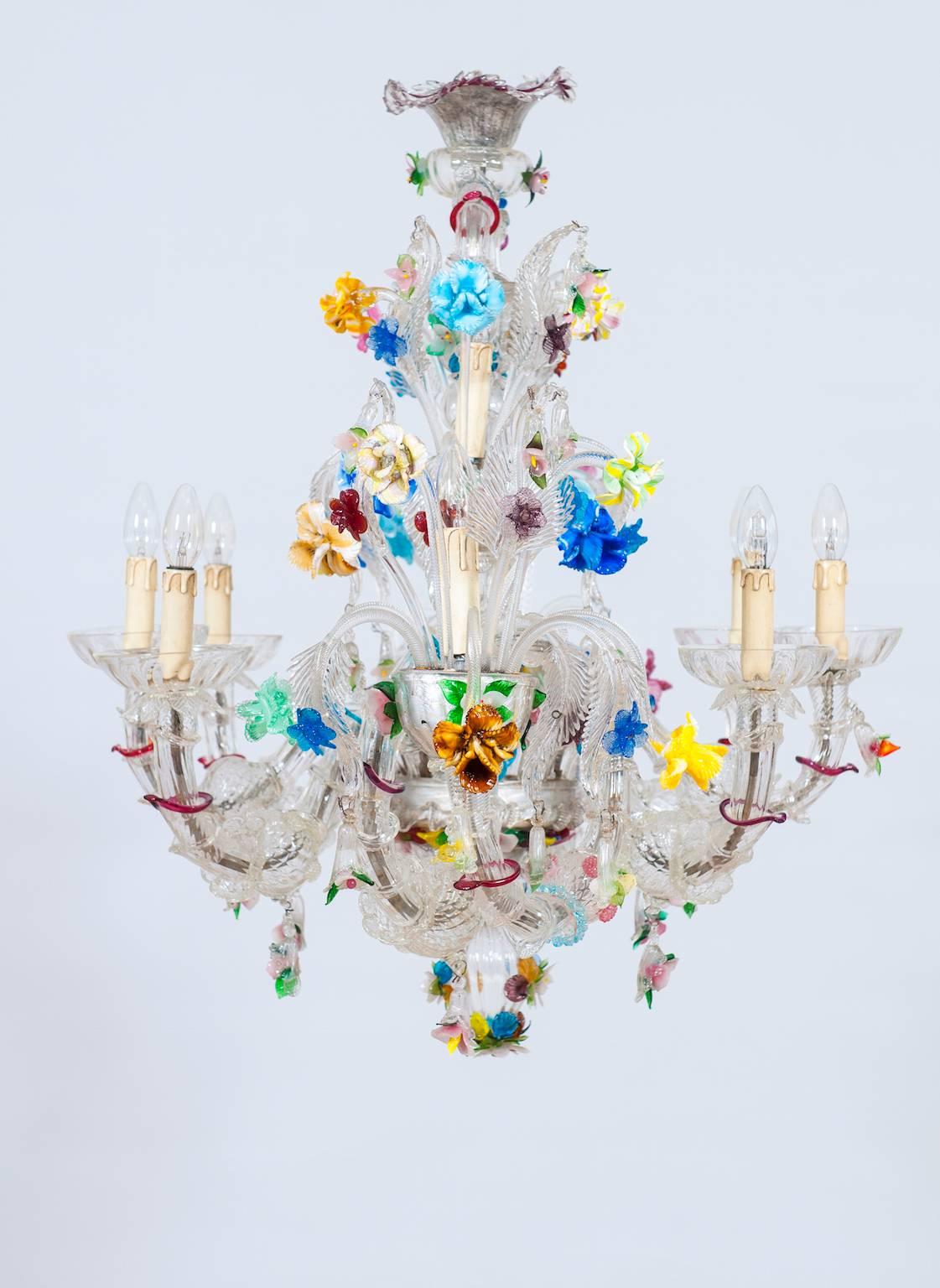 Hand-Crafted Italian Ca'Rezzonico Gondola Chandelier with Colorful Flowers and Leaves, 1960s