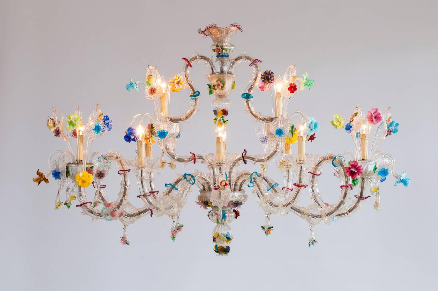 Italian Ca'Rezzonico Gondola Chandelier with Colorful Flowers and Leaves, 1960s 3