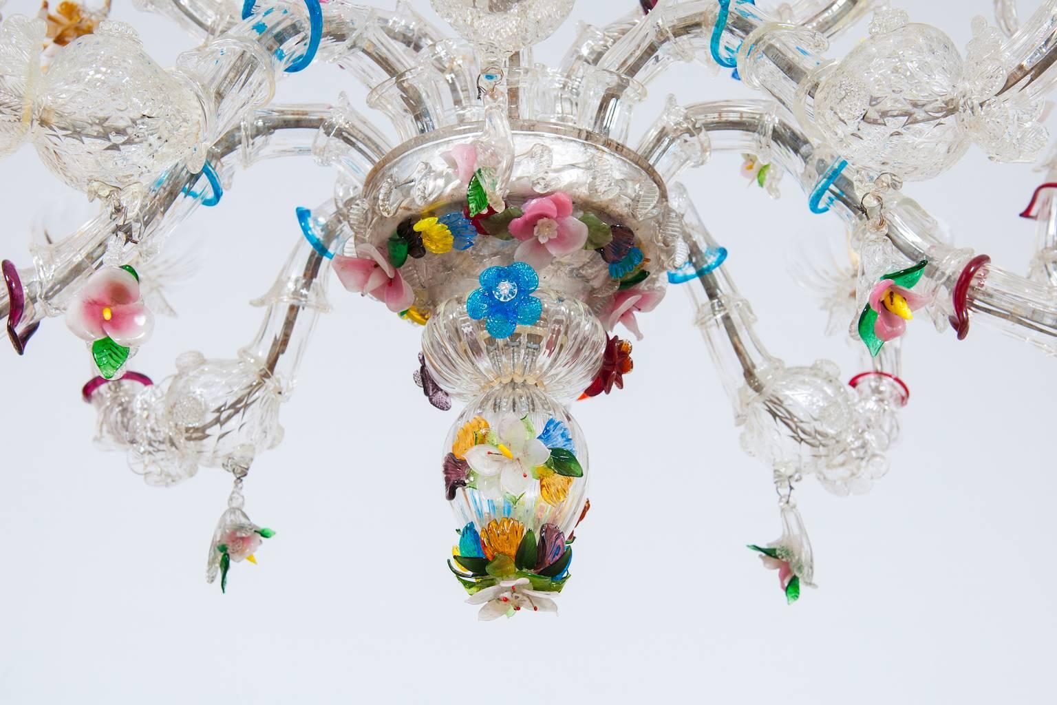 Glass Italian Ca'Rezzonico Gondola Chandelier with Colorful Flowers and Leaves, 1960s
