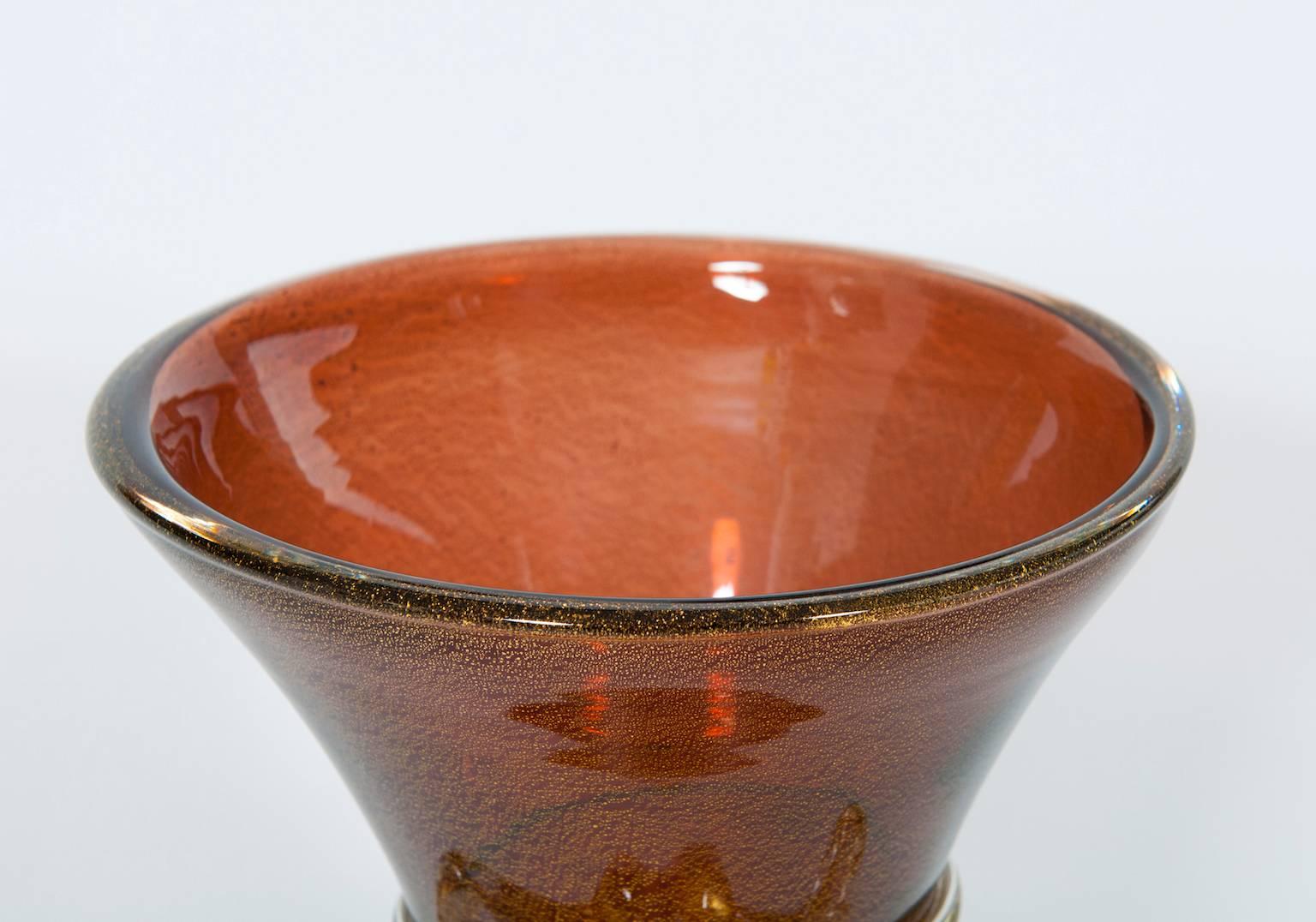 Hand-Crafted Vase with Bow Amber color  and gold finishes in blown Murano glass  1970s Italy For Sale