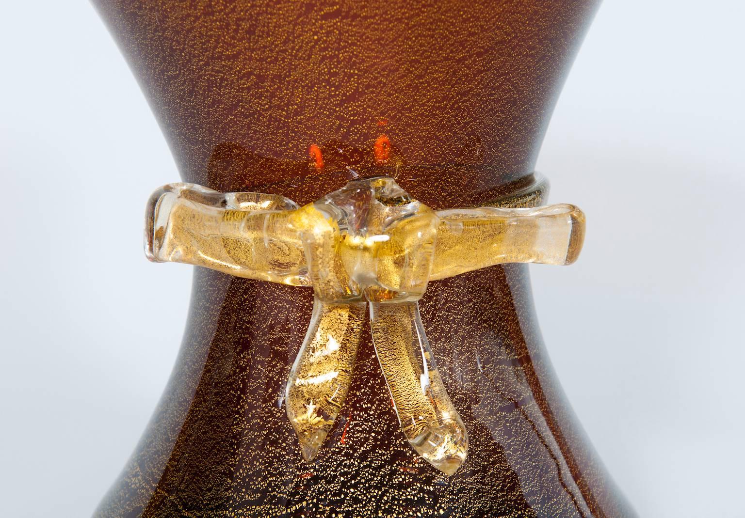 Art Deco Vase with Bow Amber color  and gold finishes in blown Murano glass  1970s Italy For Sale