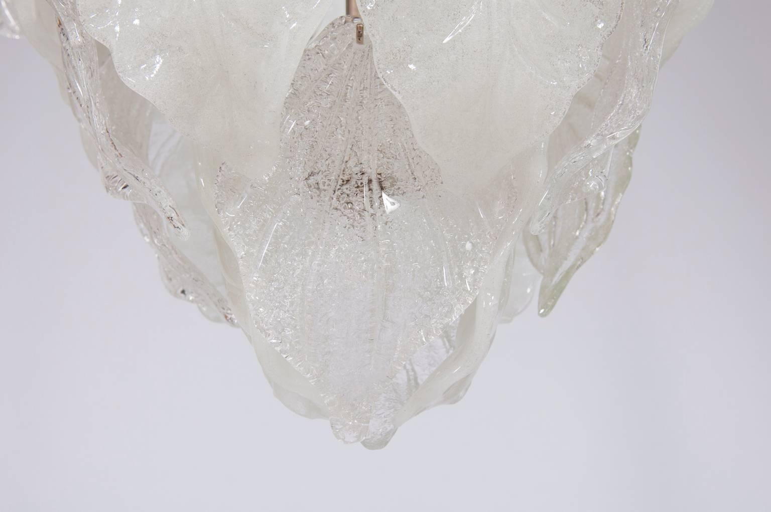Hand-Crafted Transparent leaf details in Murano glass grace this 1970 Italian Flush Mount For Sale