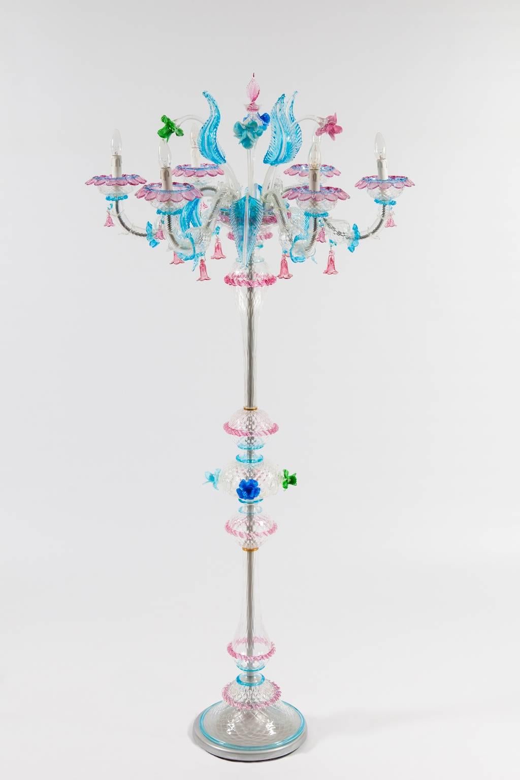Rezzonico floor lamp with colored flowers in blown Murano glass Italy 1990s.
Italian Ca'Rezzonico floor lamp, in very excellent original conditions, dated 1990s. This beauty is made up of a main stem with in the middle a sphere to create a double