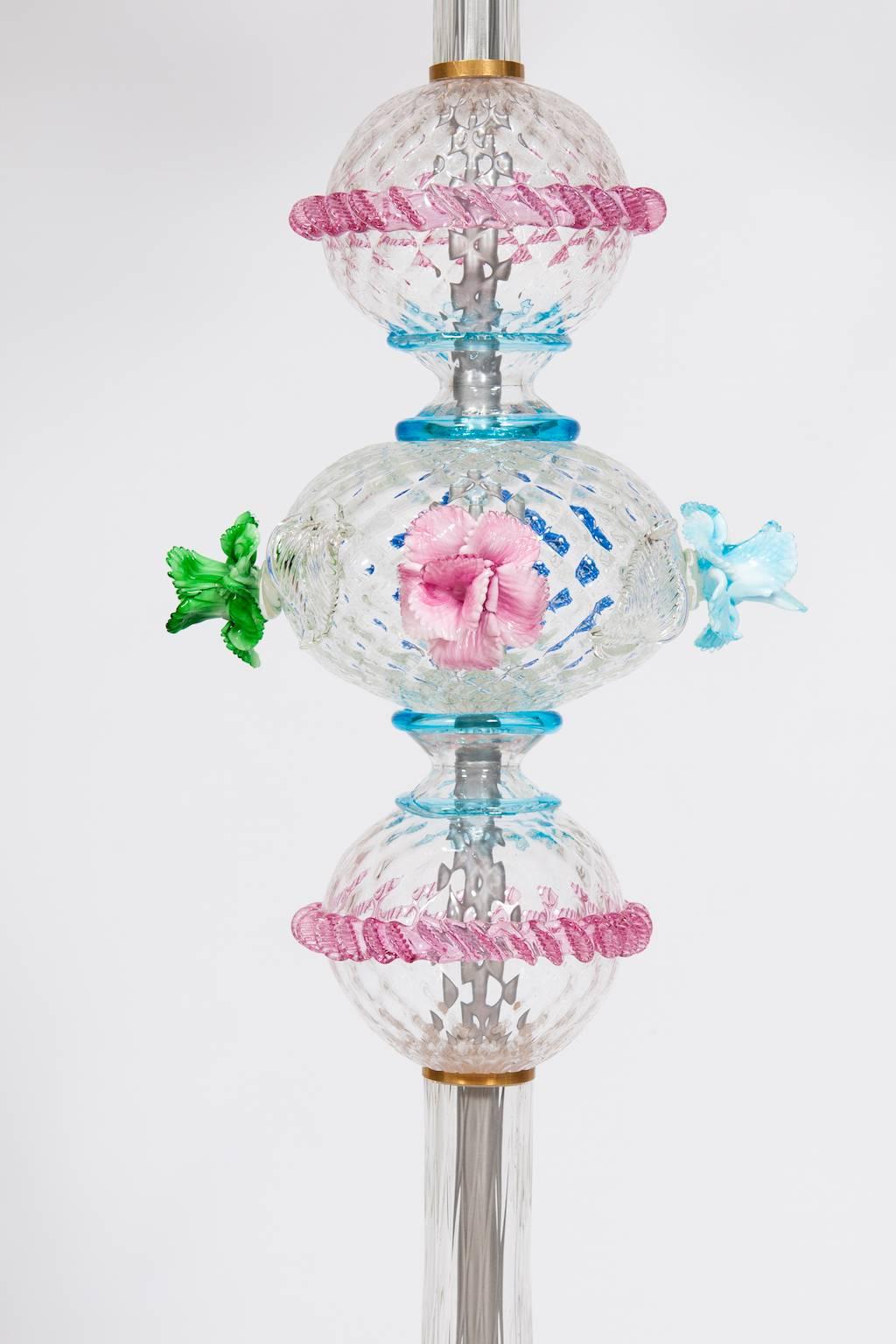 Italian Rezzonico Floor Lamp with Colored Flowers in Blown Murano Glass, Italy, 1990s For Sale