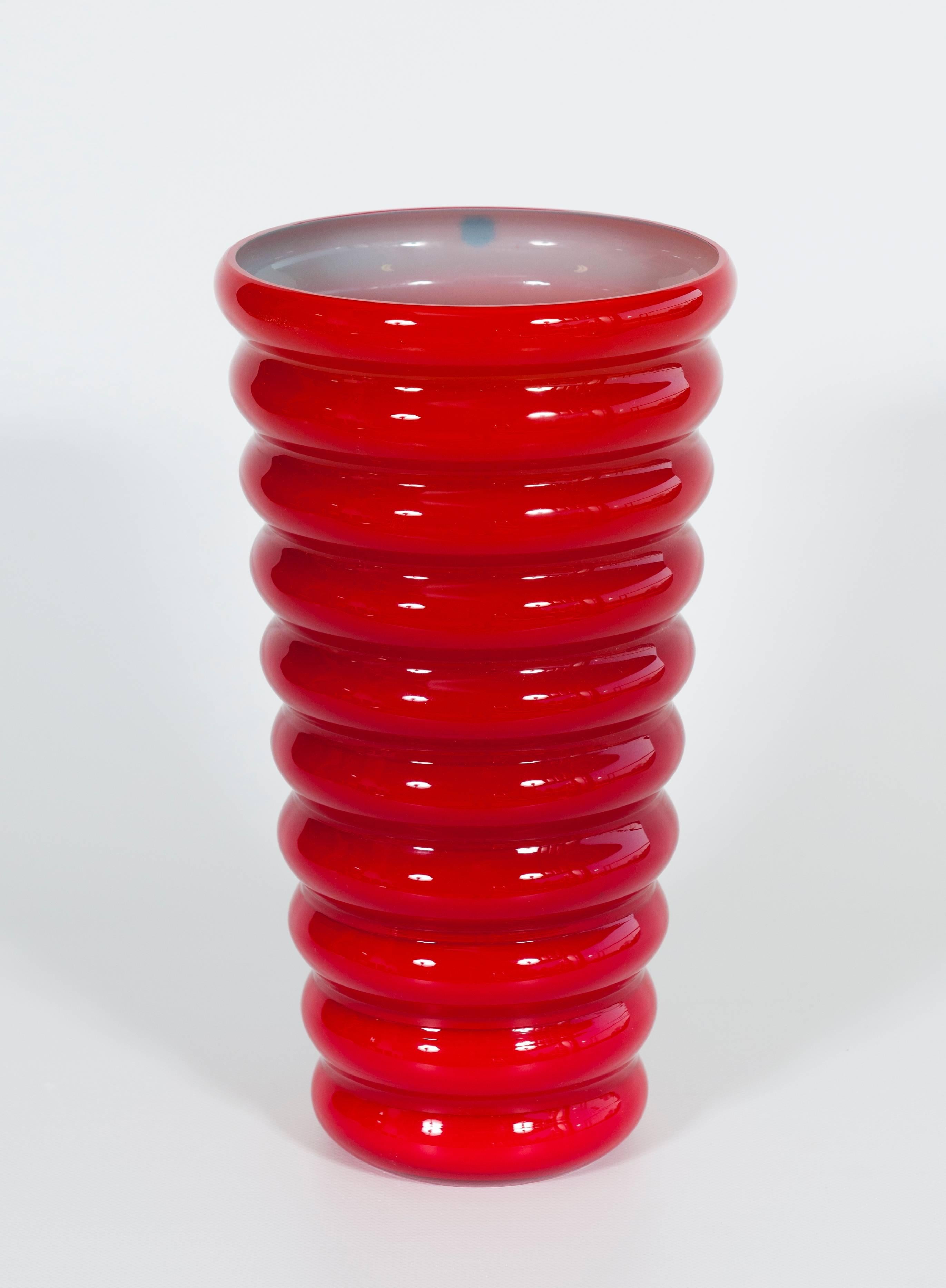 Mid-Century Modern Italian Venetian Murano Glass Red Vase Signed by Cenedese 1970s