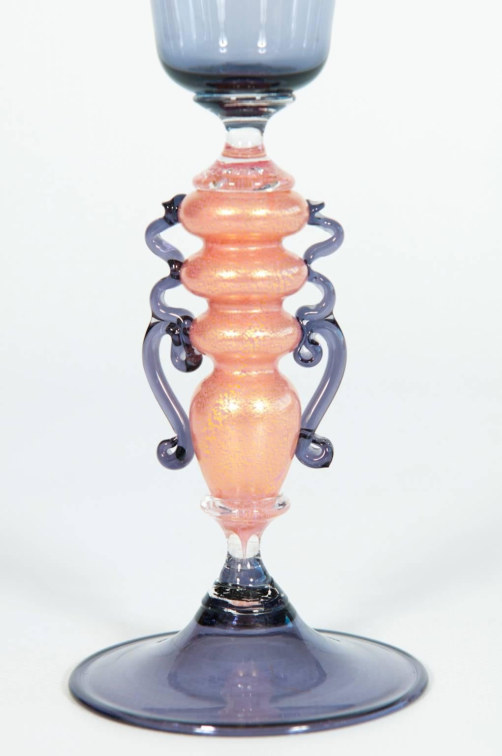 Baroque Revival Handcrafted Murano glass Goblet 1970s light purple with accents of pink and gold For Sale