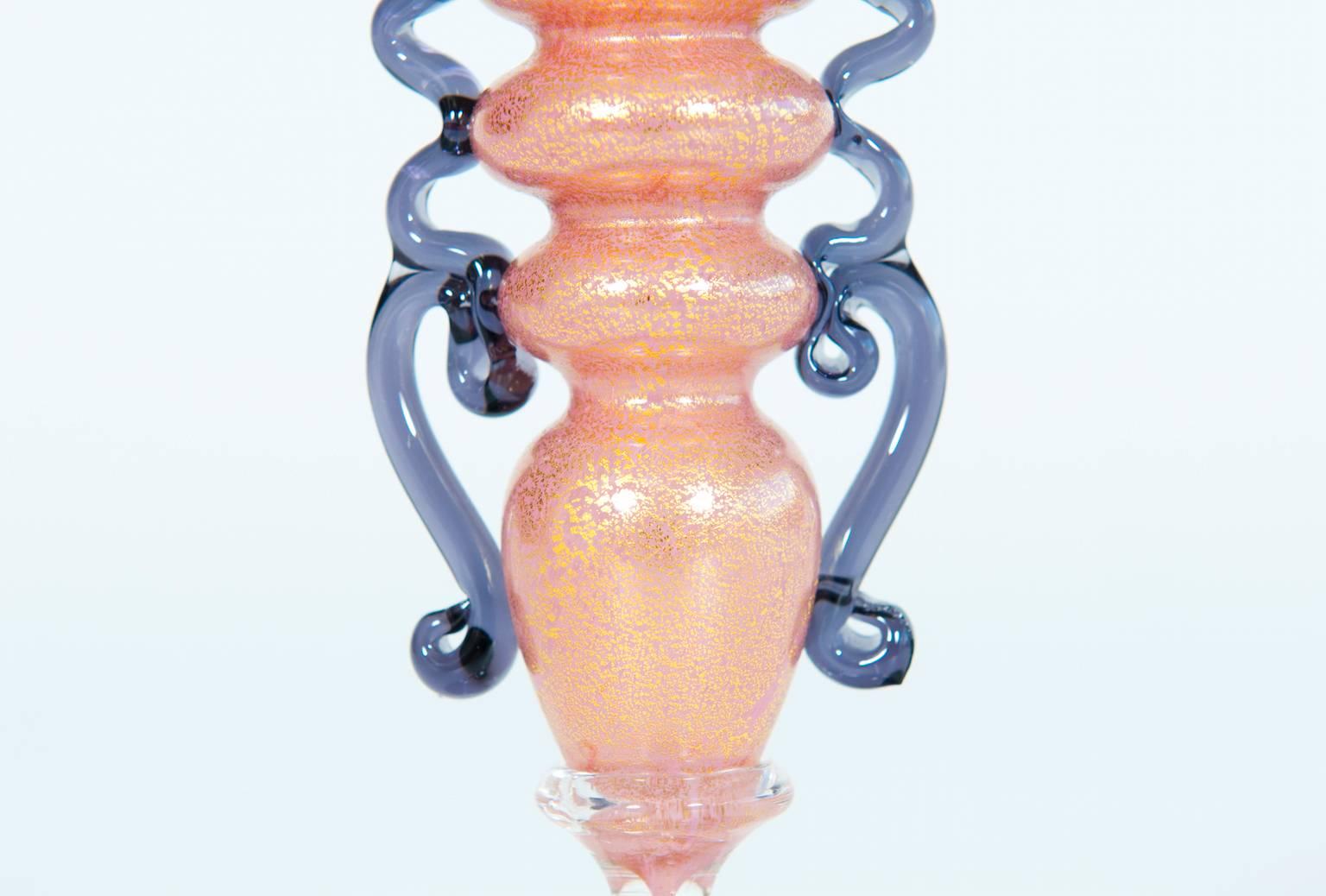 Italian Handcrafted Murano glass Goblet 1970s light purple with accents of pink and gold For Sale