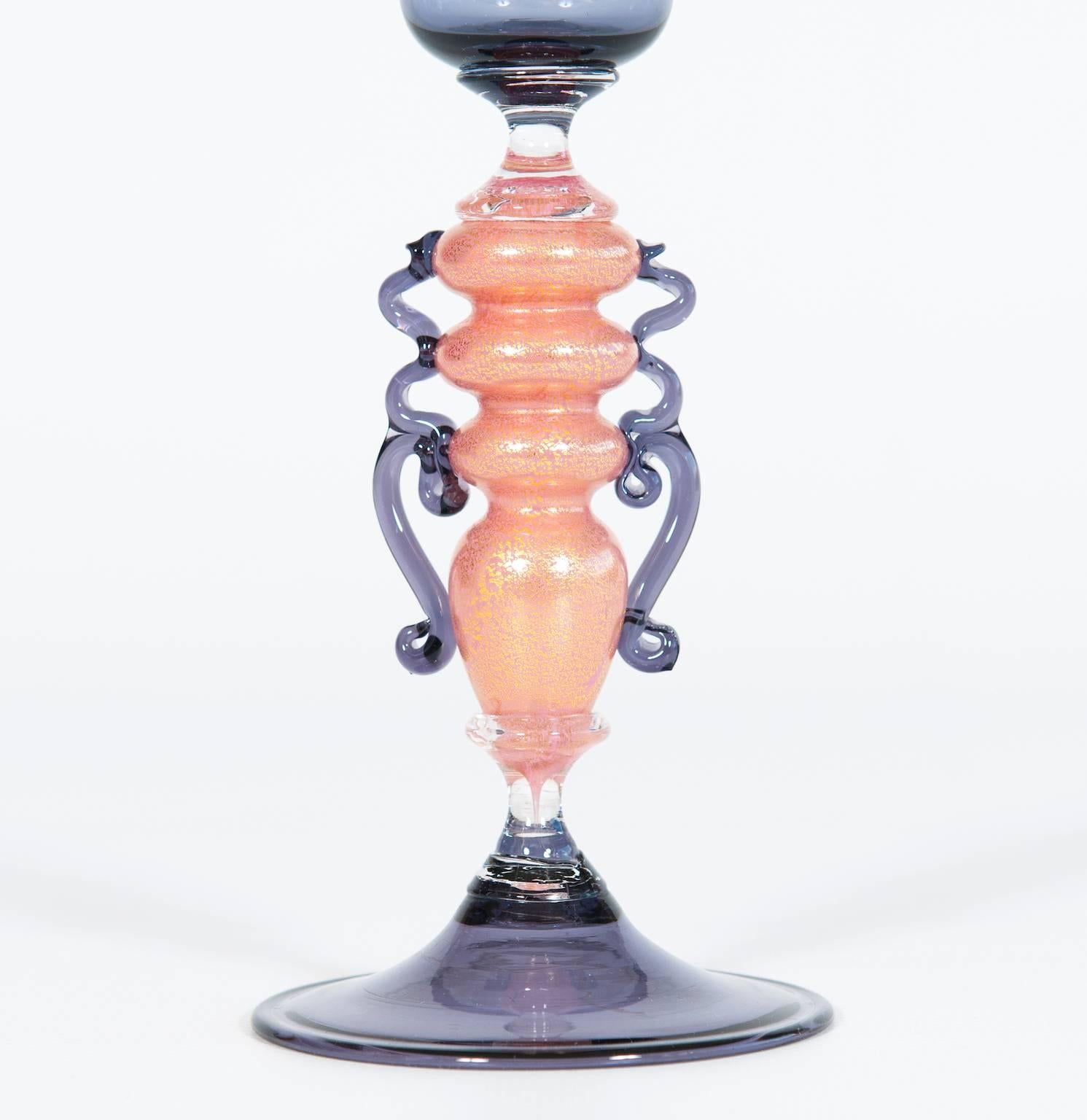 Hand-Crafted Handcrafted Murano glass Goblet 1970s light purple with accents of pink and gold For Sale