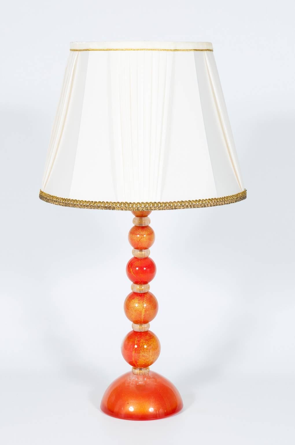 Art Deco Pair of Italian Venetian Murano Glass Table Lamps in Gold and Orange