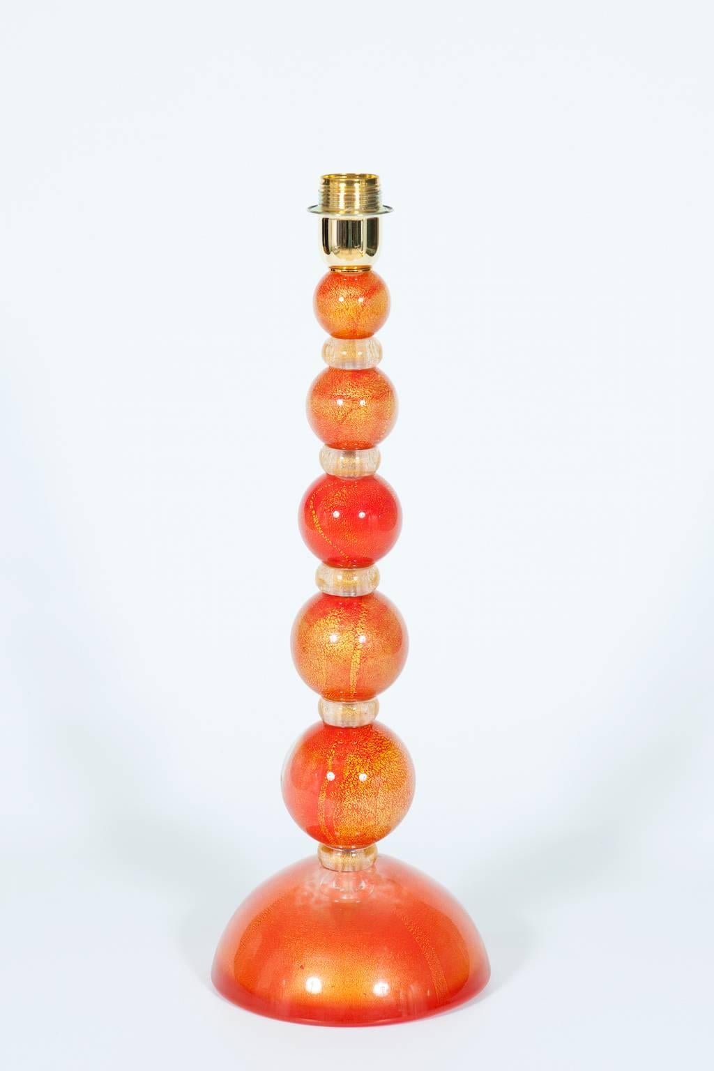 Hand-Crafted Pair of Italian Venetian Murano Glass Table Lamps in Gold and Orange