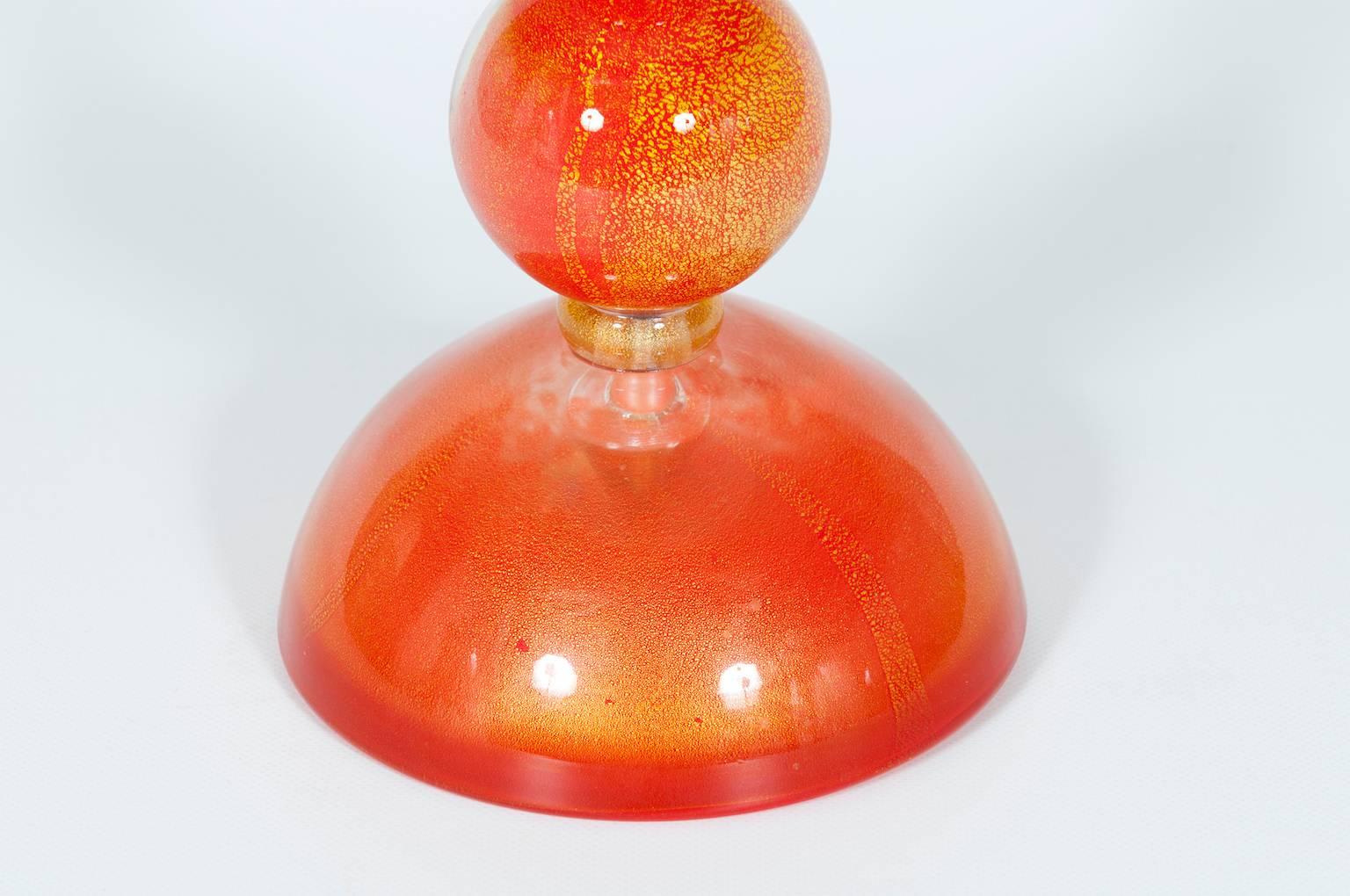 Pair of Italian Venetian Murano Glass Table Lamps in Gold and Orange In Excellent Condition In Villaverla, IT