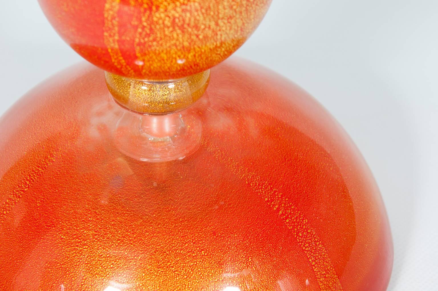 Contemporary Pair of Italian Venetian Murano Glass Table Lamps in Gold and Orange