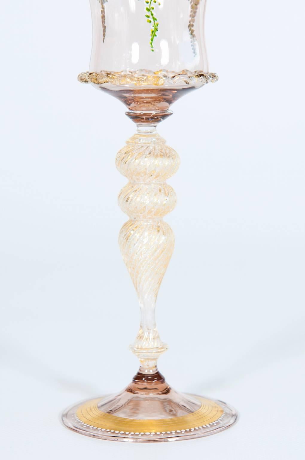 Hand-Crafted Handcrafted gold glass goblet from 1970s Murano decored with exquisite gold leaf For Sale