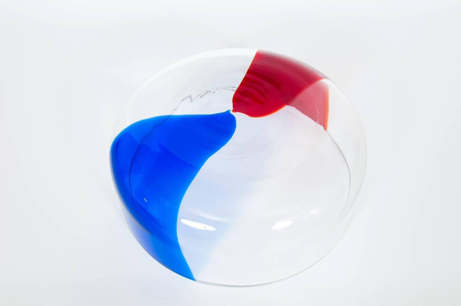 Art Glass Italian Venetian, Bowl, Blown Murano Glass, Blue Red Transparent, Donà, 1990s For Sale