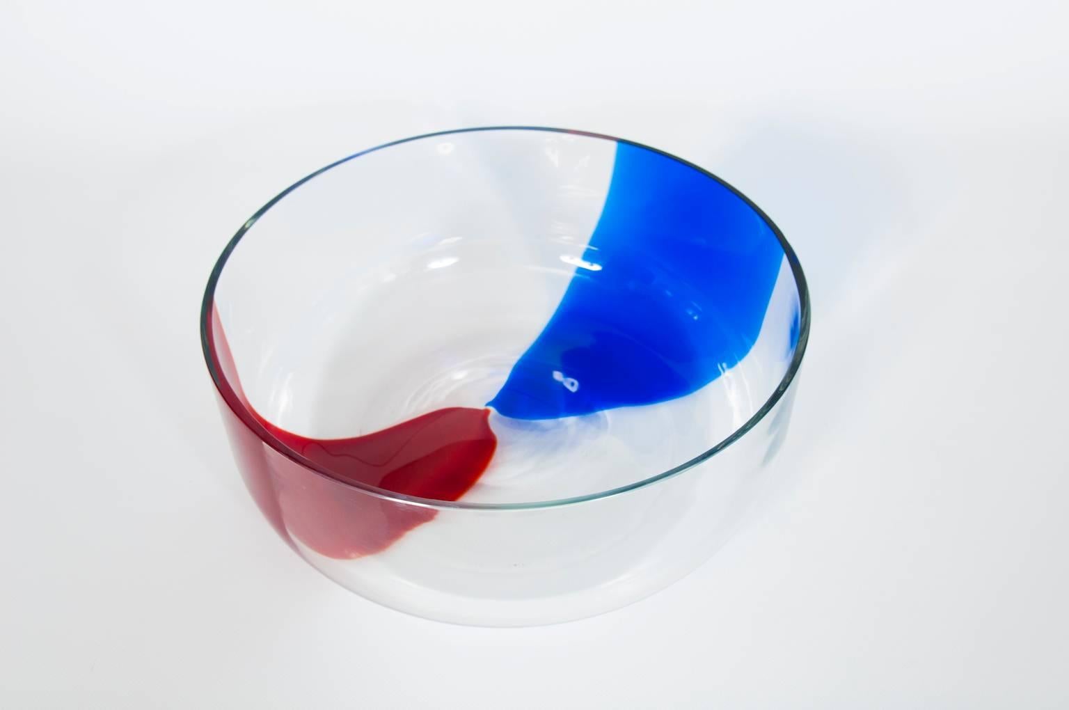 Hand-Crafted Italian Venetian, Bowl, Blown Murano Glass, Blue Red Transparent, Donà, 1990s For Sale