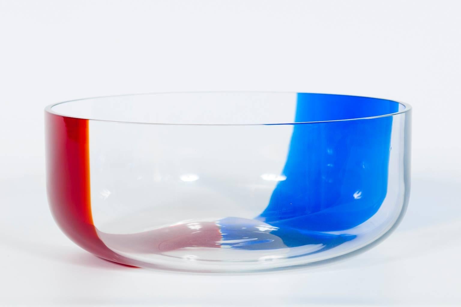 Mid-Century Modern Italian Venetian, Bowl, Blown Murano Glass, Blue Red Transparent, Donà, 1990s For Sale