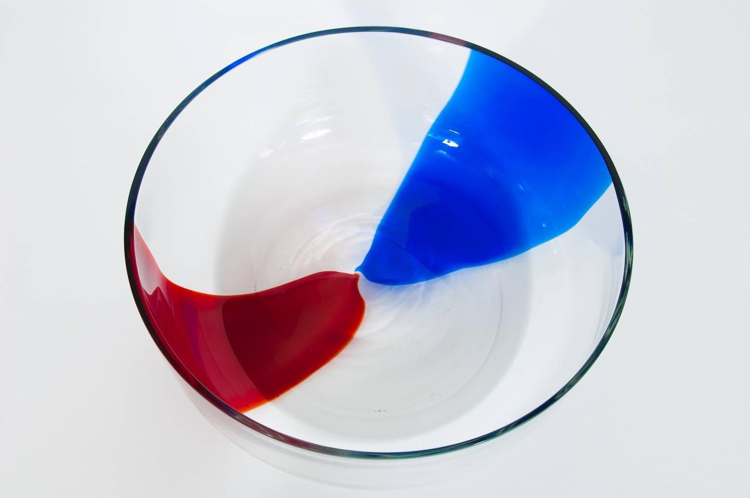 Italian Venetian, Bowl, Blown Murano Glass, Blue Red Transparent, Donà, 1990s In Excellent Condition For Sale In Villaverla, IT