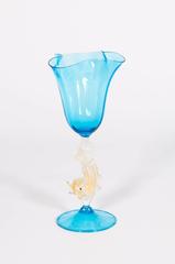 Italian Venetian Handblown Goblet in Murano Glass, in Light-Blue and Gold