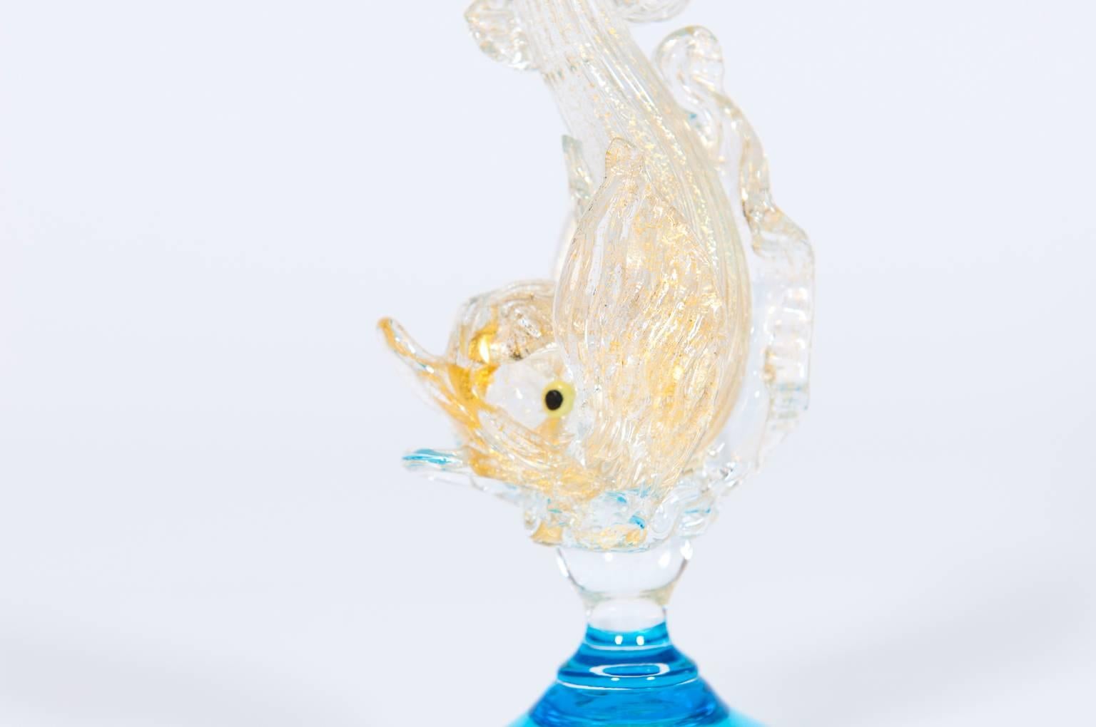 Art Glass Italian Venetian Handblown Goblet in Murano Glass, in Light-Blue and Gold For Sale