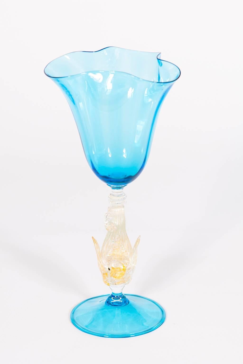 Hand-Crafted Italian Venetian Handblown Goblet in Murano Glass, in Light-Blue and Gold For Sale