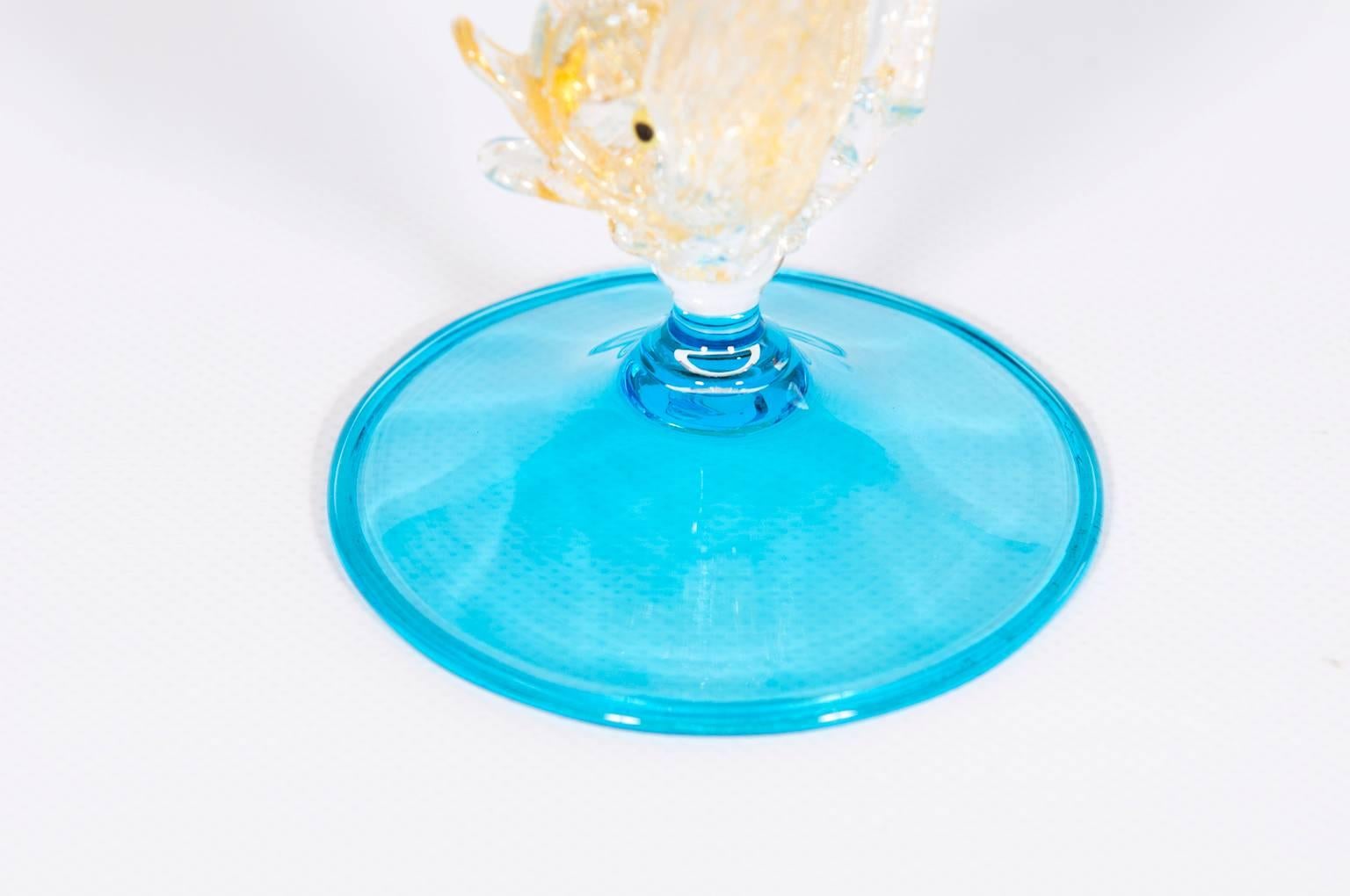 Late 20th Century Italian Venetian Handblown Goblet in Murano Glass, in Light-Blue and Gold For Sale