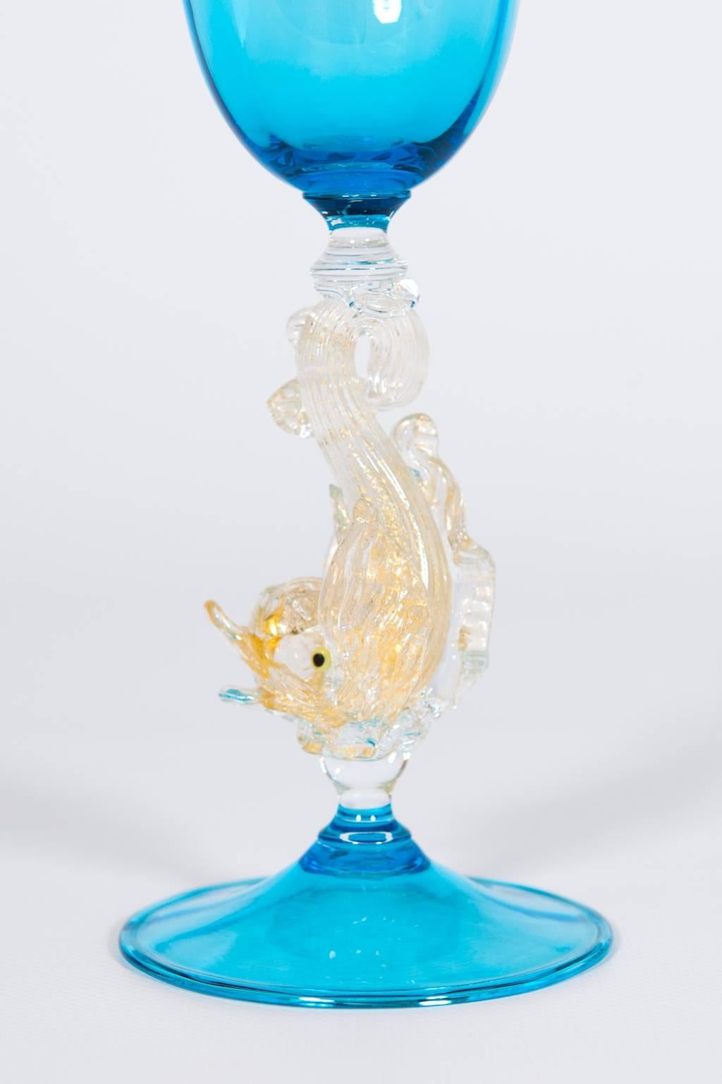 Italian Venetian Handblown Goblet in Murano Glass, in Light-Blue and Gold For Sale 2