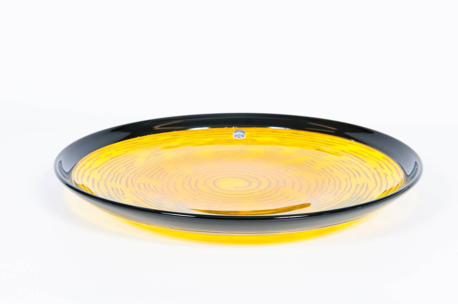 Enormous, Modern, Italian Venetian, Bowl, Blown Murano Glass, yellow, orange and black, signed by Cenedese, 1970s, made up of a very particular sophisticate working, composed in the middle by brown-orange  glass submerged in yellow glass and with a