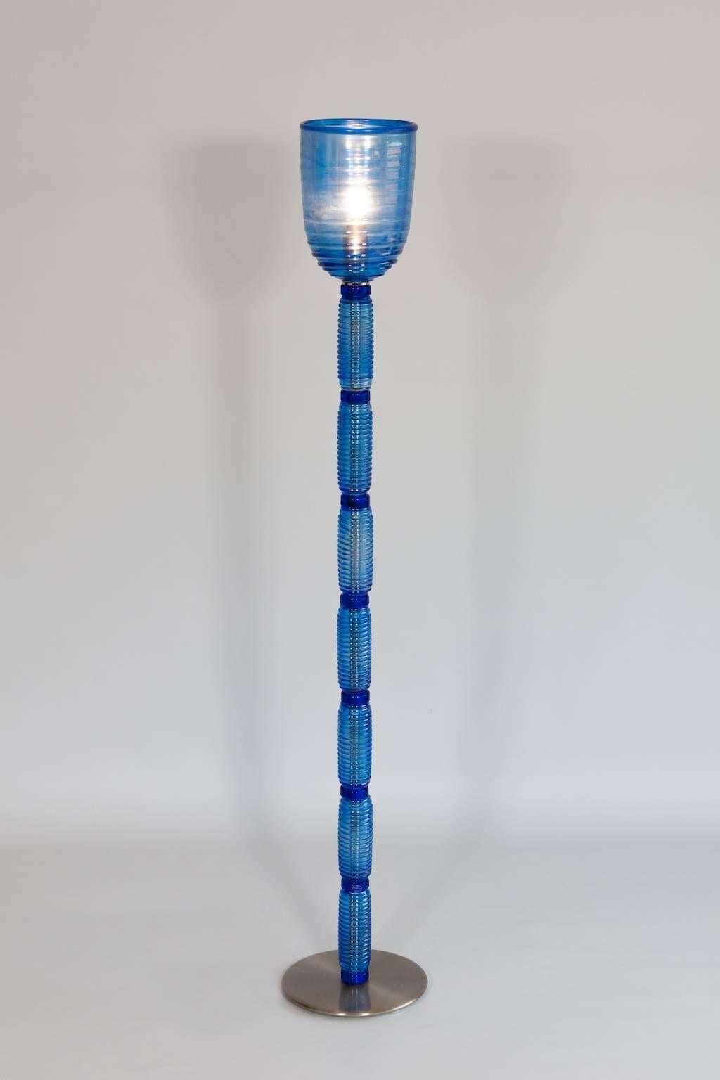 Floor Lamp in Light Blue and Iridescent Color Murano Glass Italy 1990s For Sale 3