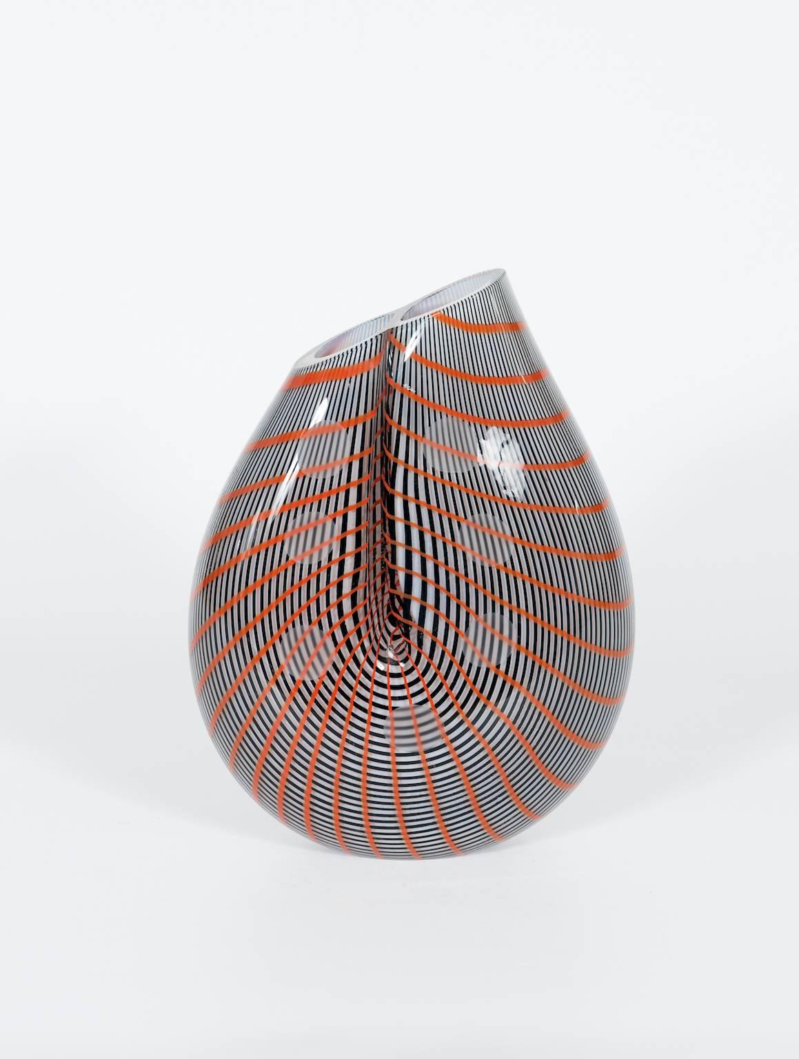 Elegant, and Modern, Italian Venetian, Vase, blown Murano Glass, exclusive shape, with stripes, 1990s. 
This is a unique portrait, entirely handcrafted in Blown Murano Glass in the Italian, Venetian Island of Murano, by the most experienced Murano