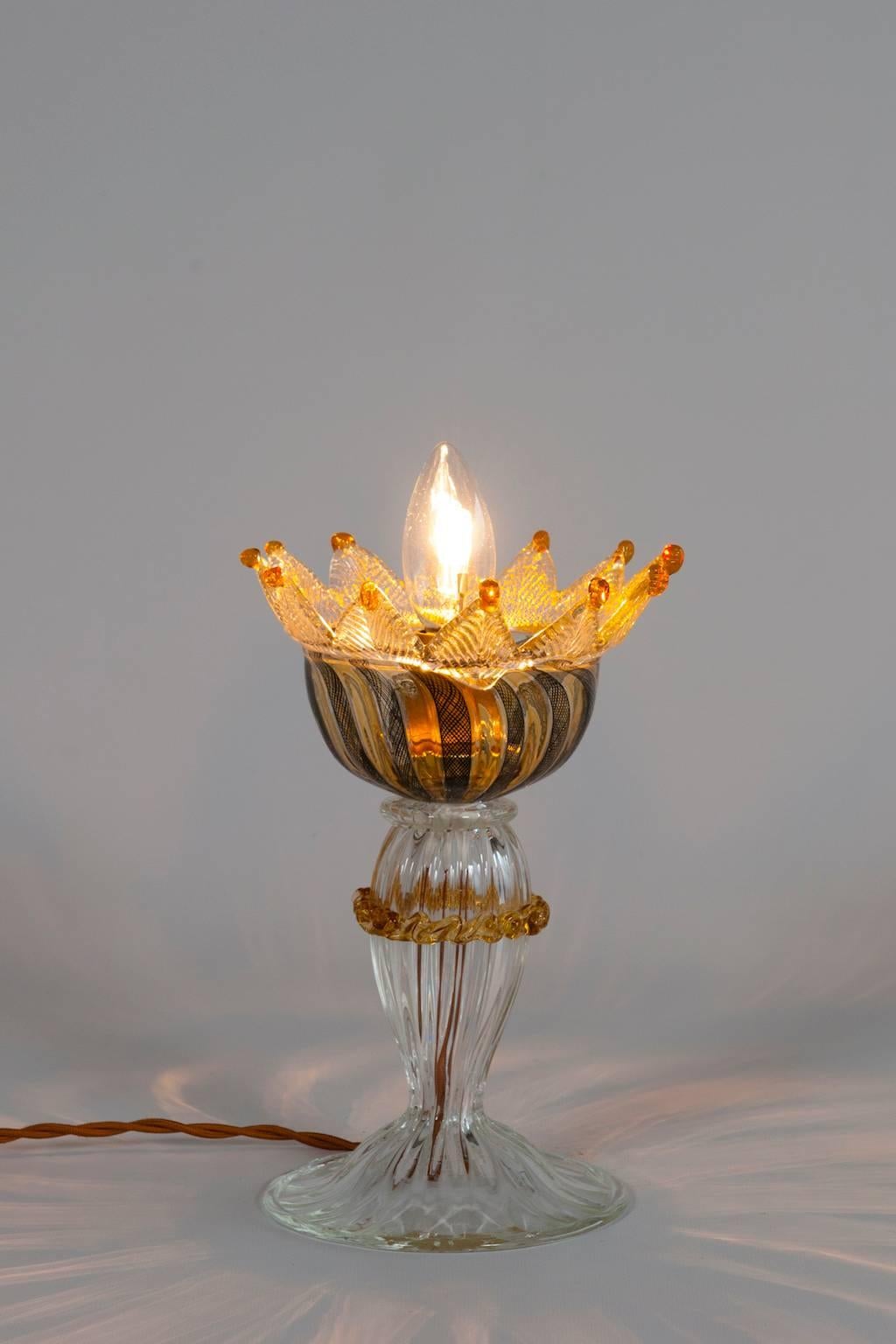 Italian Venetian, Pair Table Lamps, Blown Murano Glass, Amber, Filigrana, 1970s 2