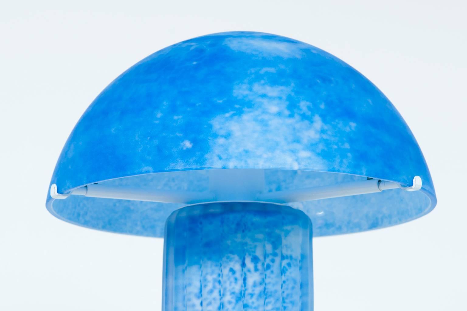 Late 20th Century Italian Venetian, Table Lamp, blownMurano Glass, Light Blue & White Scavo, 1970s