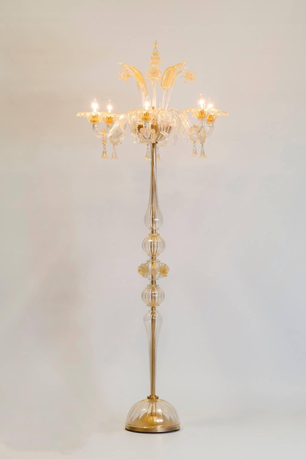 Gold Floor Lamp in blown Murano Glass flowers and leaves 1990s Italy For Sale 1