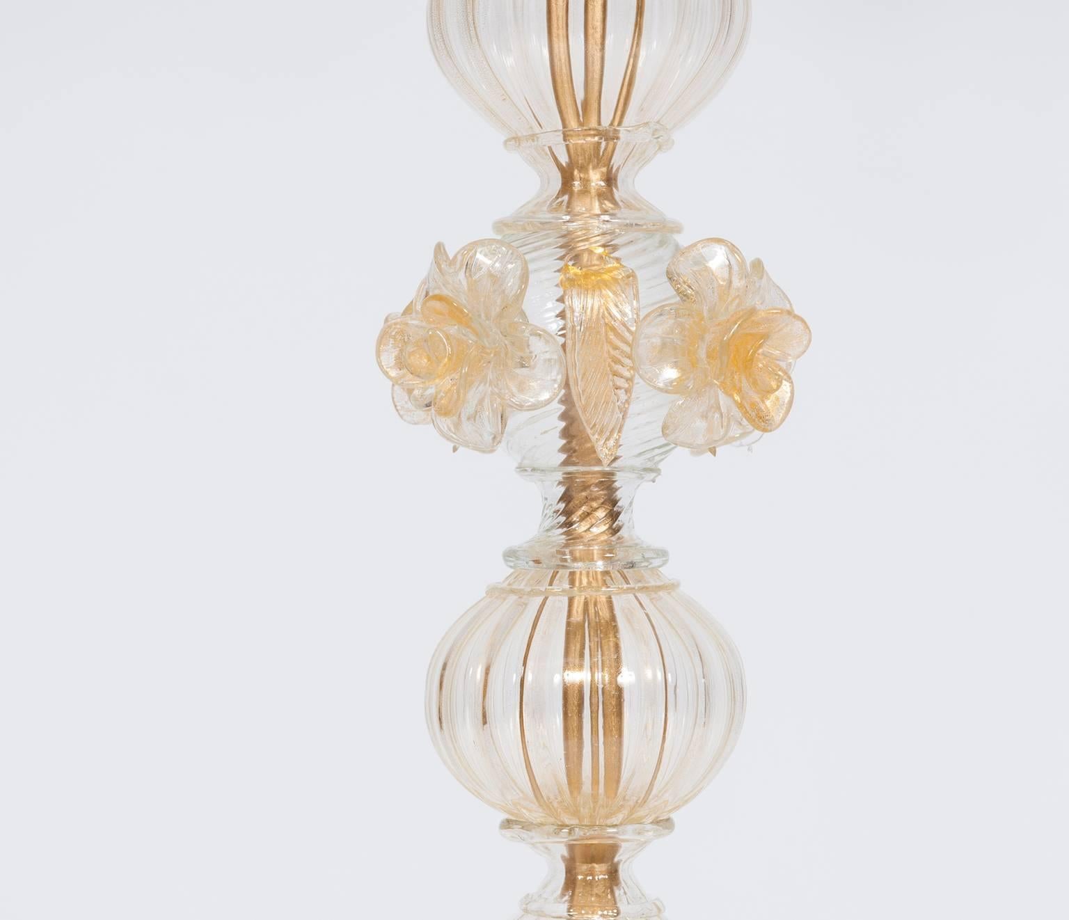 Art Deco Gold Floor Lamp in blown Murano Glass flowers and leaves 1990s Italy For Sale