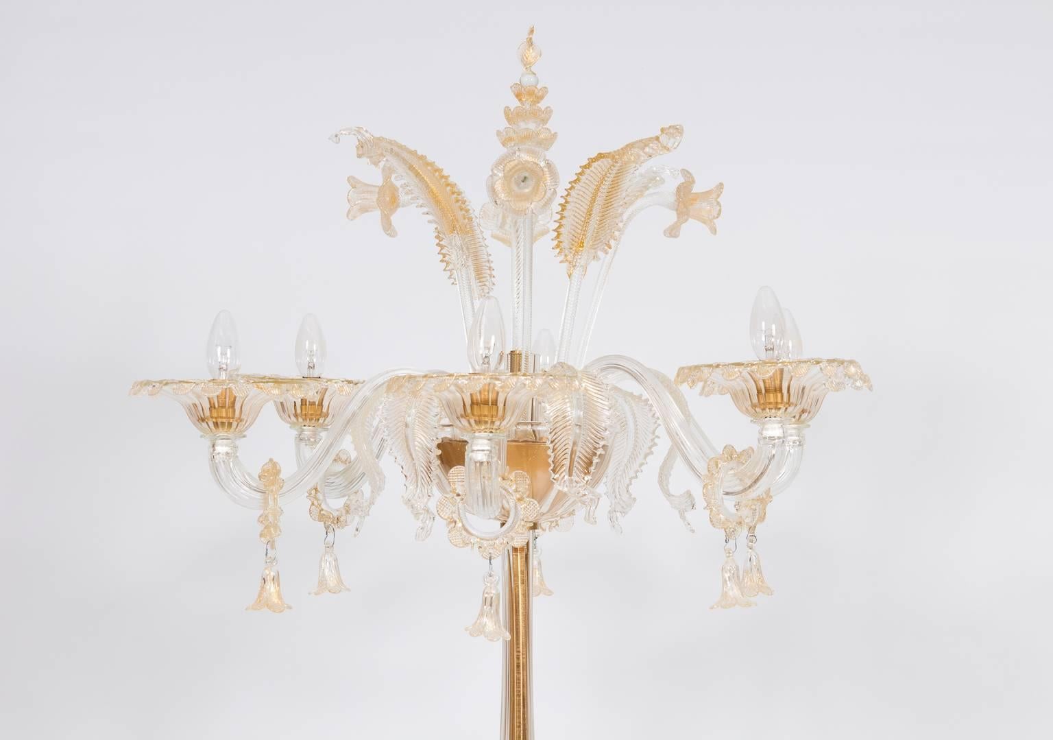 Italian Gold Floor Lamp in blown Murano Glass flowers and leaves 1990s Italy For Sale