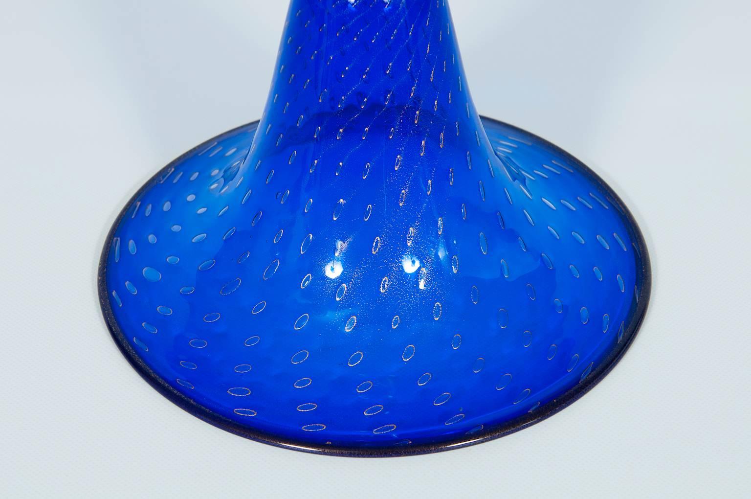 Art Deco Giant Glass Vase in Murano Glass Blue color and Gold finishes Italy 1950s For Sale