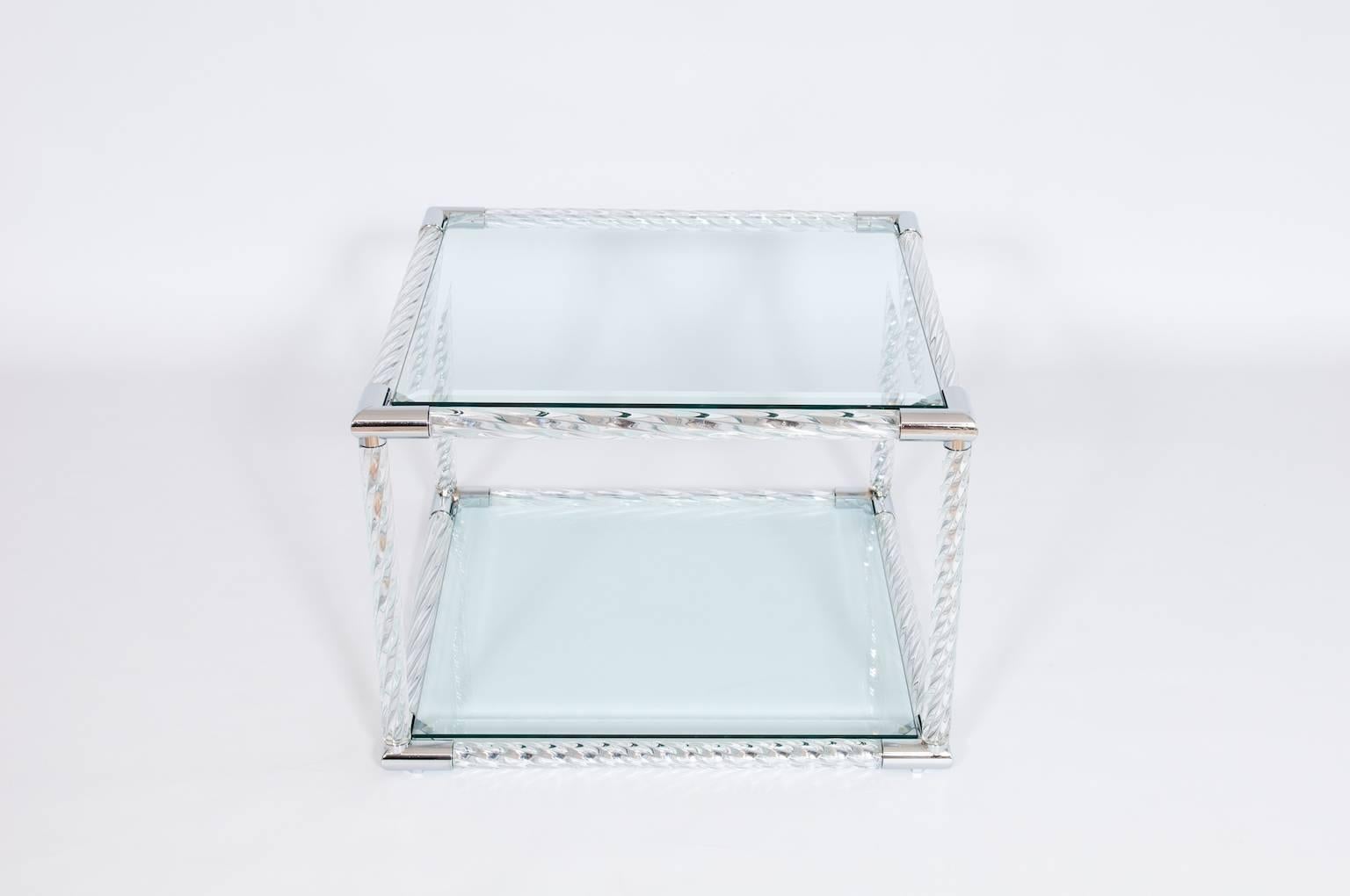 Exquisite Squared Coffe Table in Blown Murano Glass clear color and chromed finishes Italy, by Giovanni Dalla Fina.
This is an exclusive coffe table entirely hand crafted in blown Murano glass, designed and manufactured by the italian artist