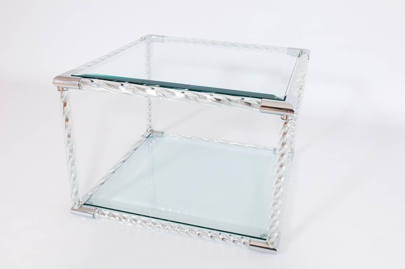 Mid-Century Modern Squared Coffe Table in Blown Murano Glass clear color and chromed finishes Italy For Sale