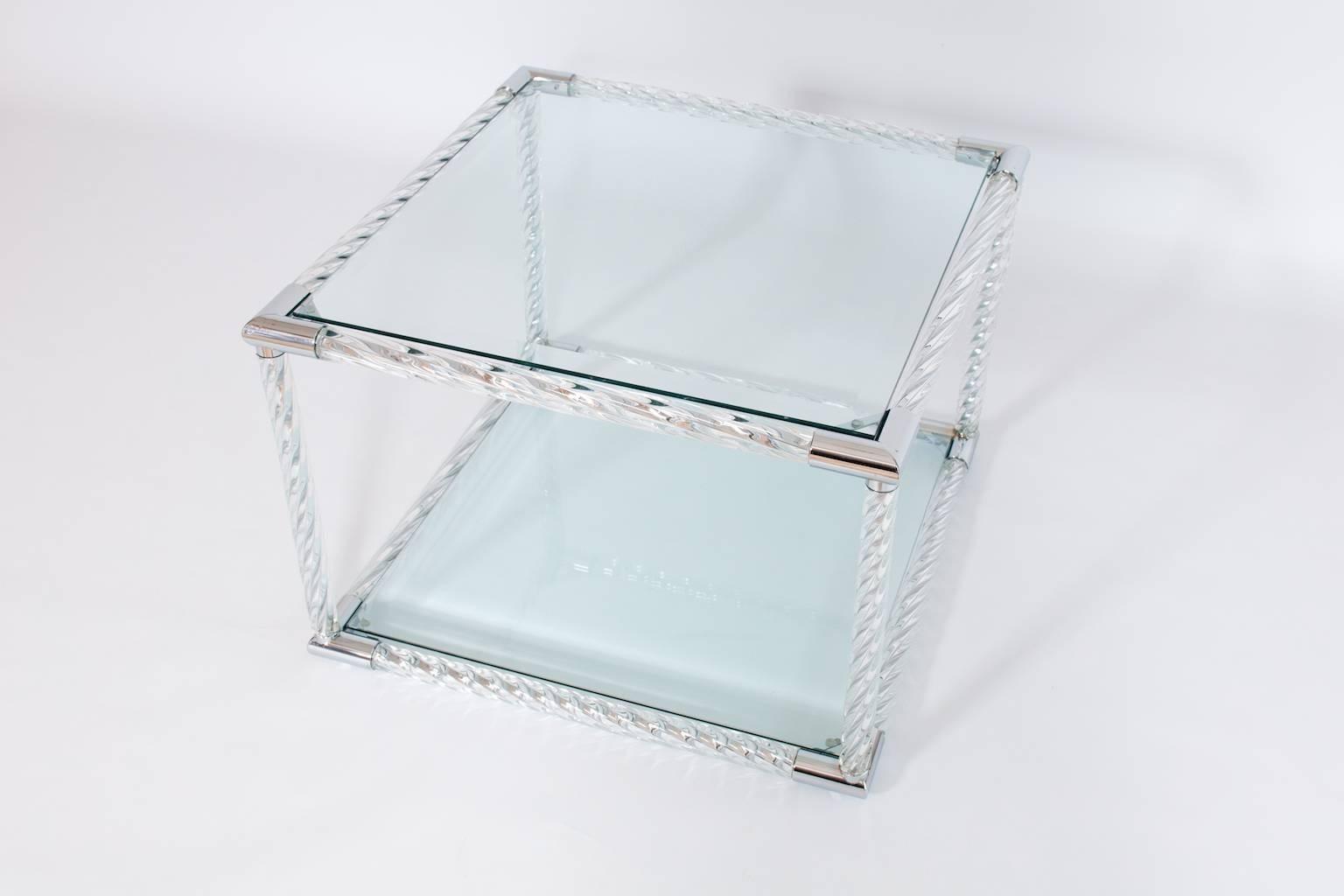 Hand-Crafted Squared Coffe Table in Blown Murano Glass clear color and chromed finishes Italy For Sale
