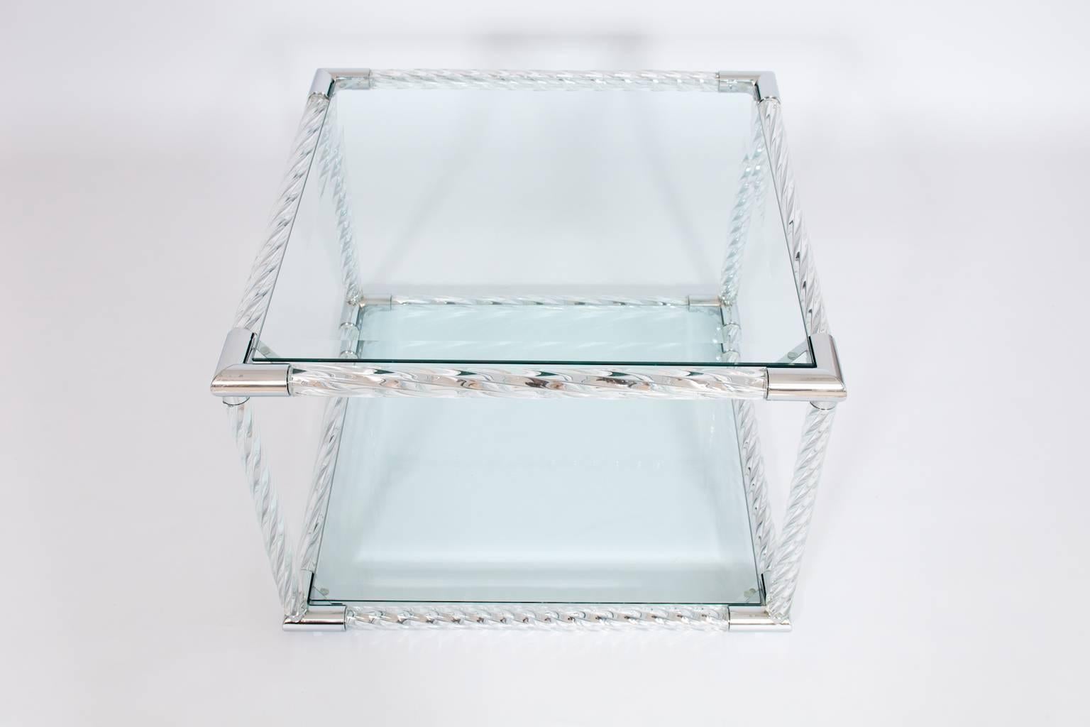 Italian Squared Coffe Table in Blown Murano Glass clear color and chromed finishes Italy For Sale