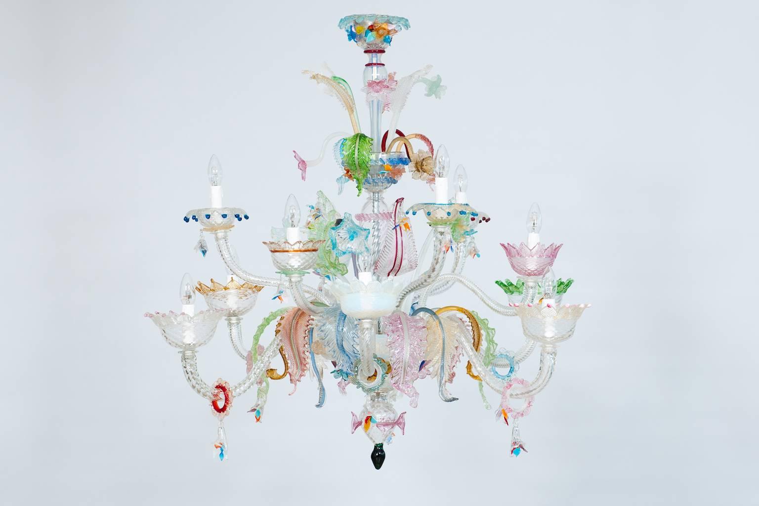 Hand-Crafted Italian Venetian Chandelier in Murano Glass in Multicolor, Cenedese, 1970s