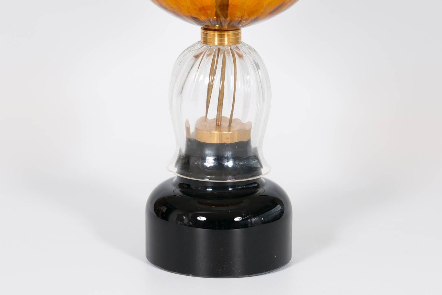 Hand-Crafted Italian Venetian, Pair Table Lamps, blown Murano Glass, Amber & Dark, 1970s For Sale