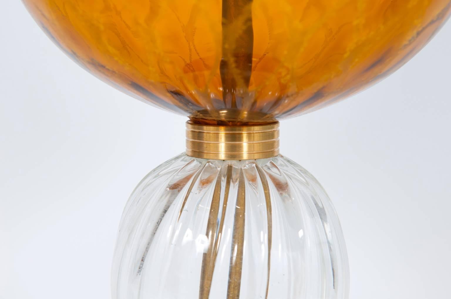 Mid-Century Modern Italian Venetian, Pair Table Lamps, blown Murano Glass, Amber & Dark, 1970s For Sale