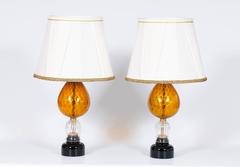 Italian Venetian, Pair Table Lamps, blown Murano Glass, Amber & Dark, 1970s