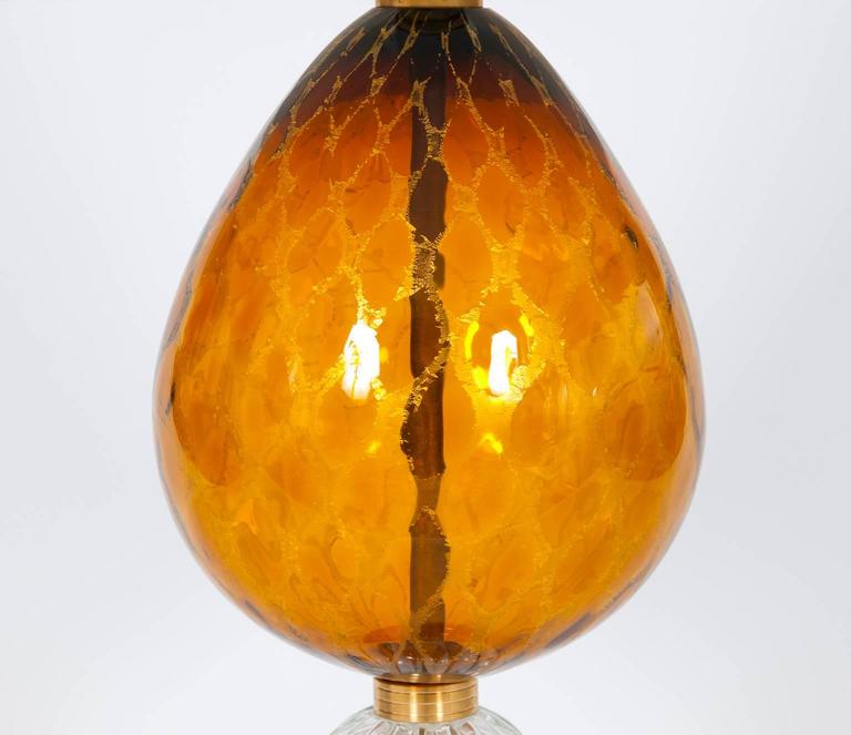 Italian Venetian, Pair Table Lamps, blown Murano Glass, Amber & Dark, 1970s For Sale 1
