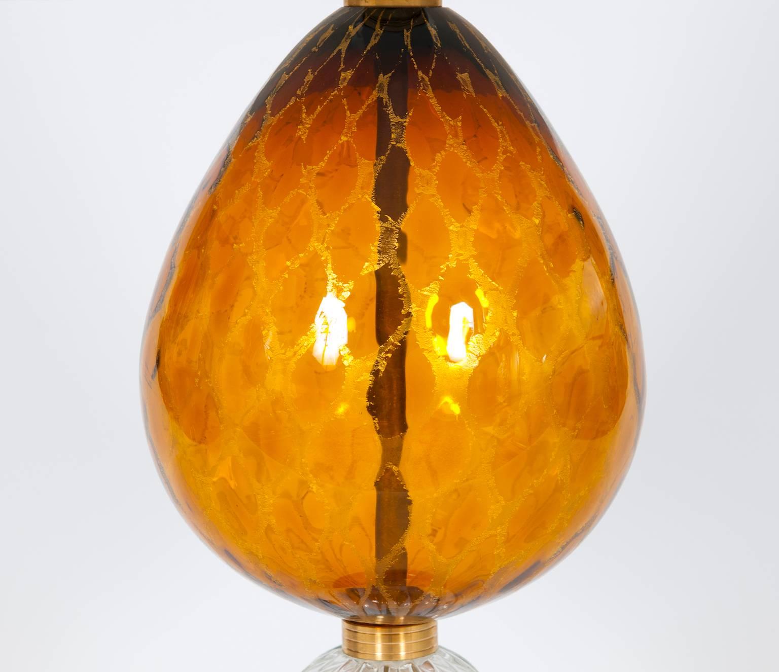 Italian Venetian, Pair Table Lamps, blown Murano Glass, Amber & Dark, 1970s In Excellent Condition For Sale In Villaverla, IT