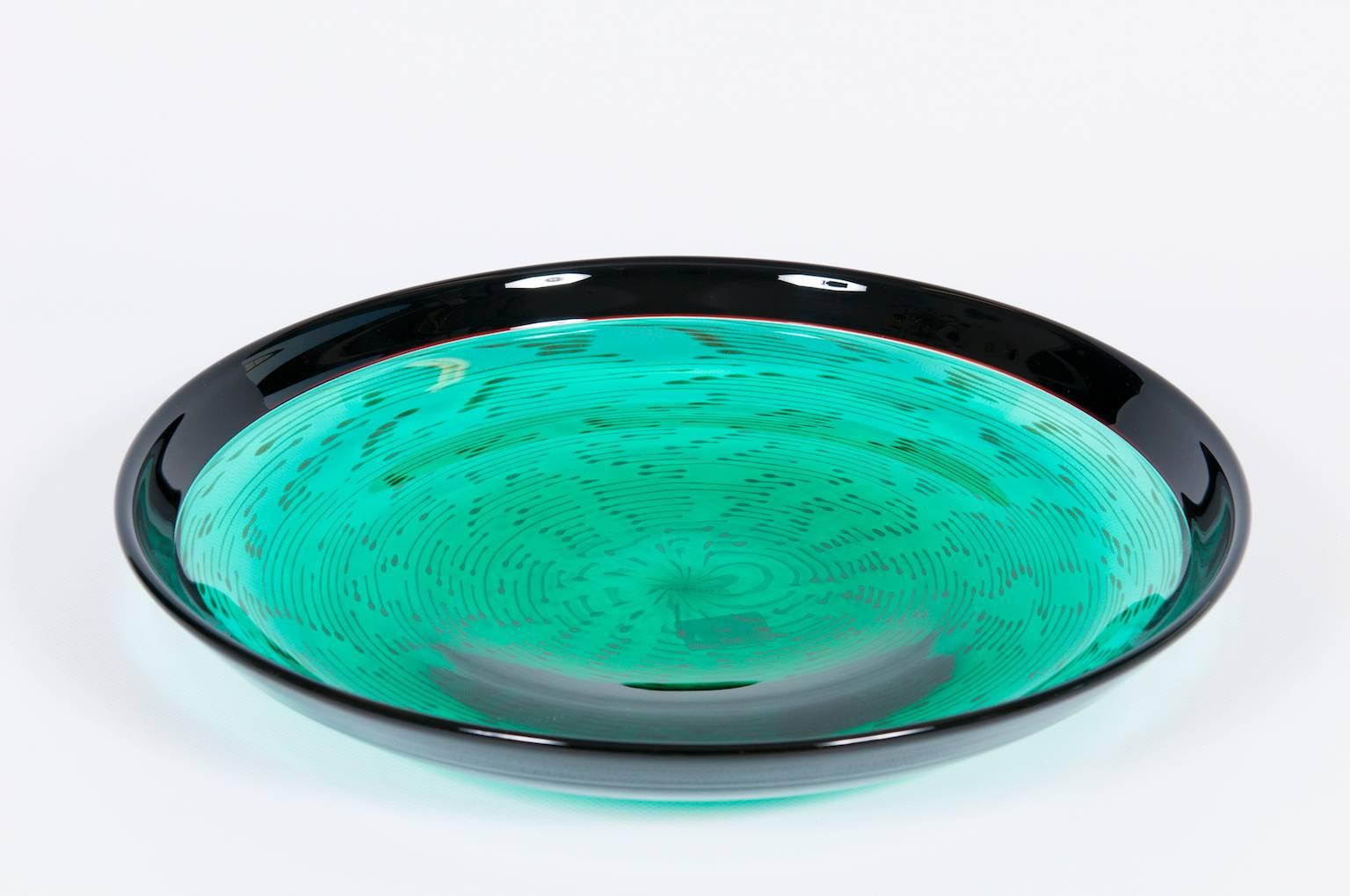Modern Italian Venetian, Bowl, blown Murano Glass, Green aquamarine, Cenedese, 1970s For Sale