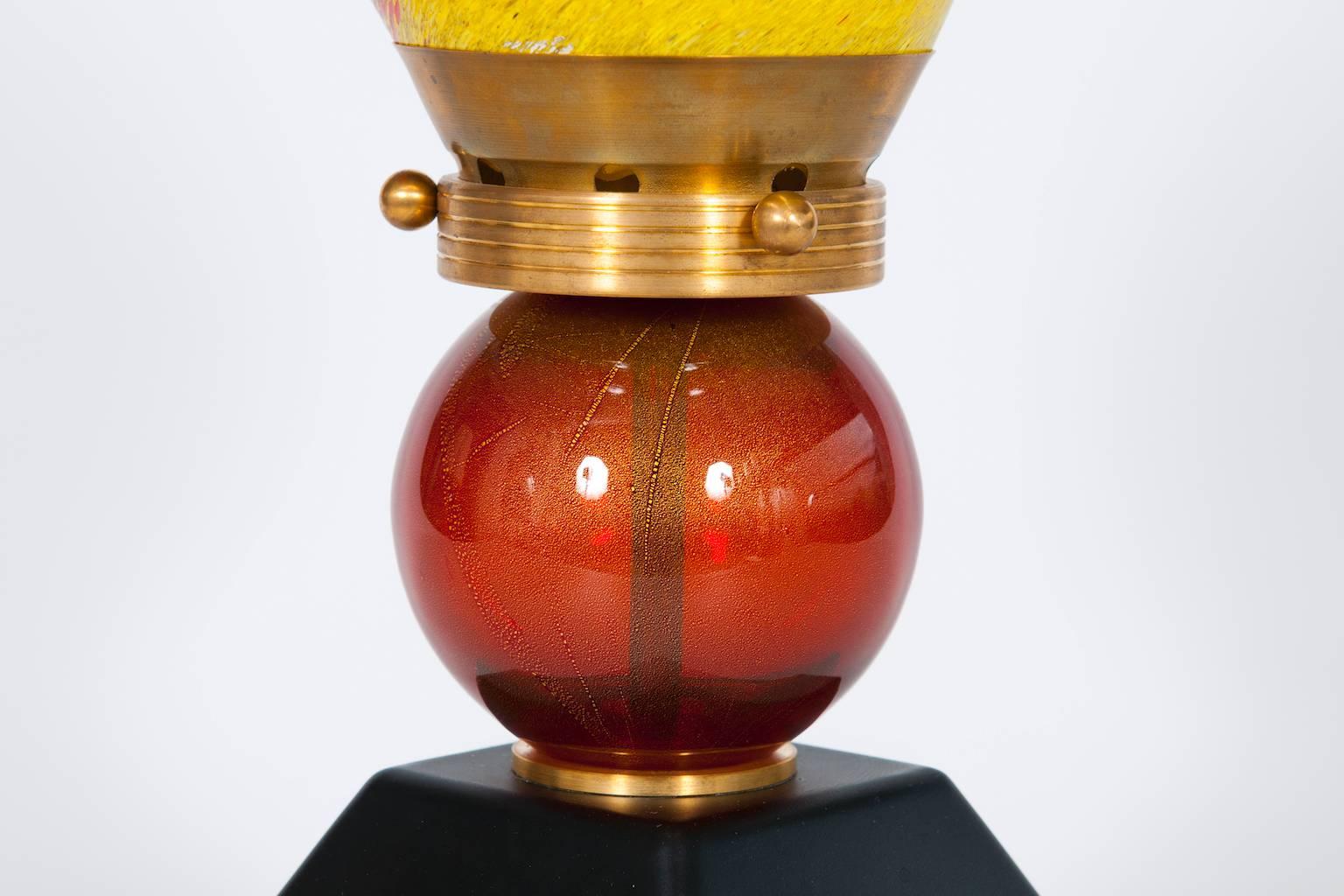 Hand-Crafted Italian Venetian Flame Table Lamp in blown Murano Glass yellow orange 1980s For Sale