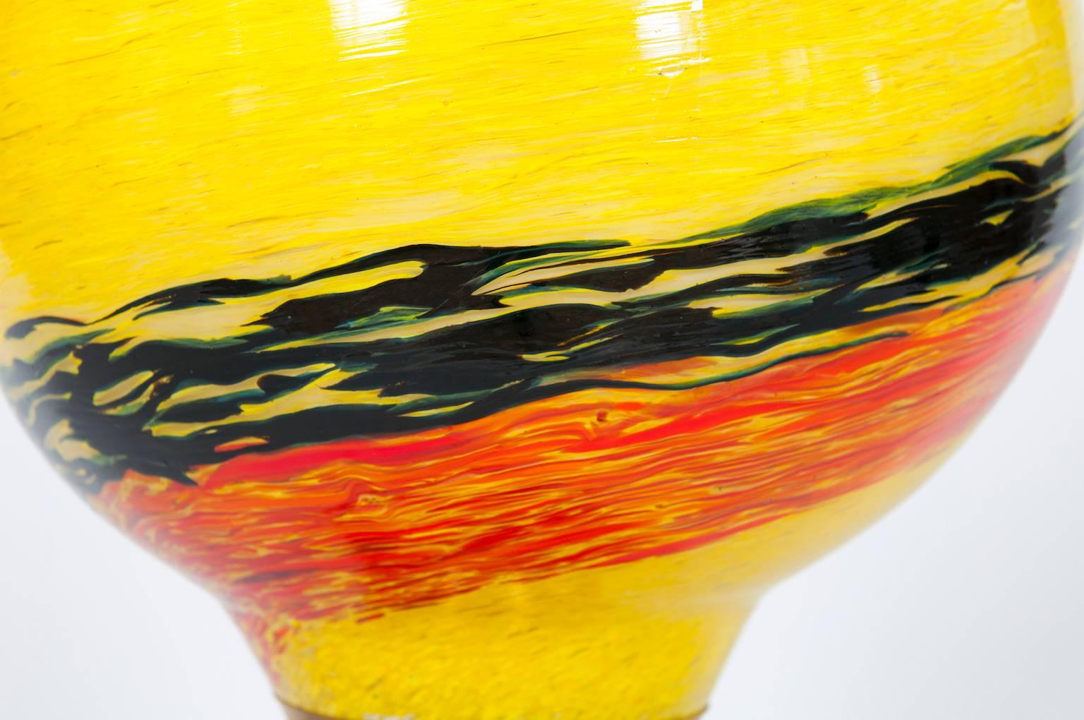 Late 20th Century Italian Venetian Flame Table Lamp in blown Murano Glass yellow orange 1980s For Sale