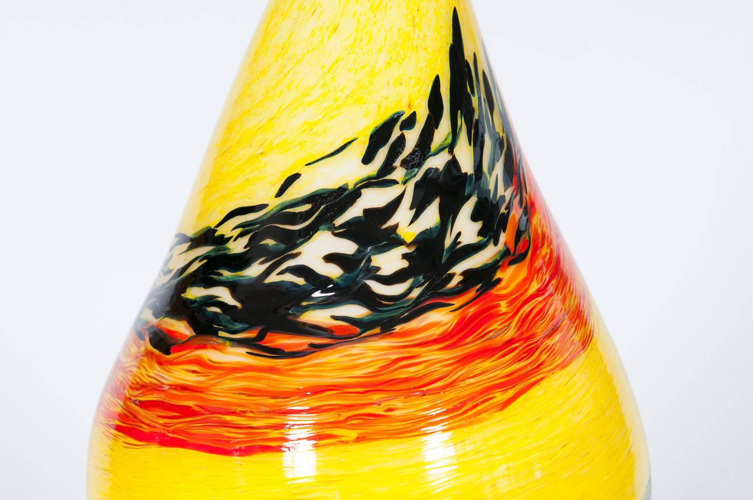 Brass Italian Venetian Flame Table Lamp in blown Murano Glass yellow orange 1980s For Sale