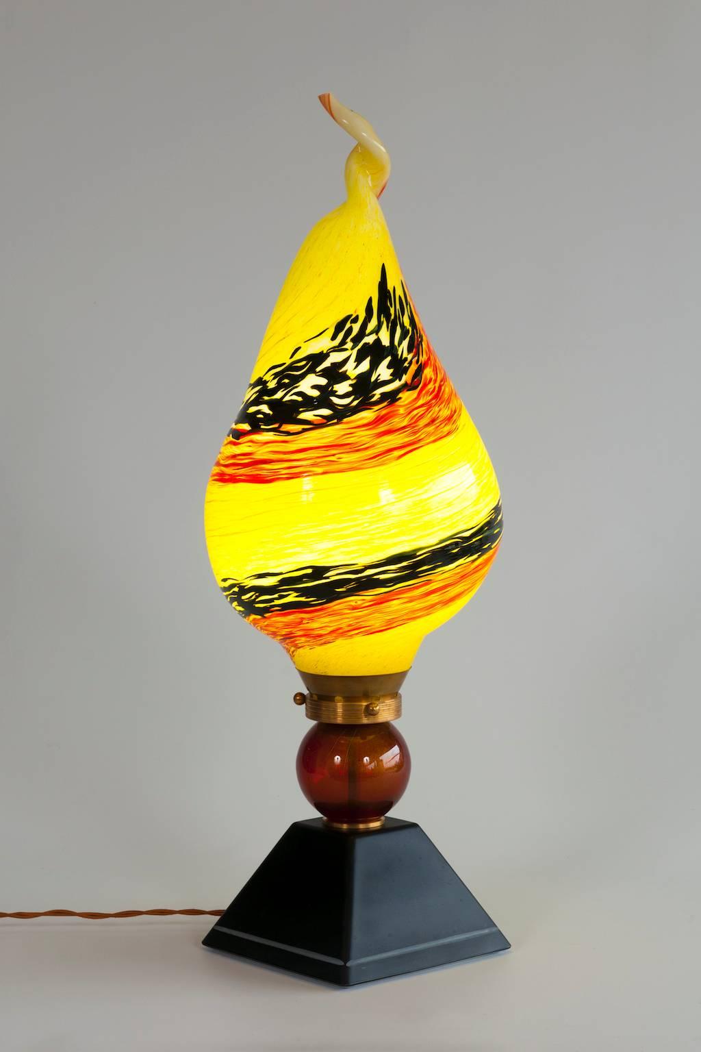 Italian Venetian Flame Table Lamp in blown Murano Glass yellow orange 1980s For Sale 3